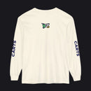 An off-white long-sleeve t-shirt with 'CARTS' printed in navy blue vertically on both sleeves and a small green and navy graphic on the upper chest, shown against a plain white background.