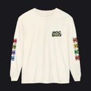 An off-white long-sleeve t-shirt with a 'HOC SLOTS' graphic on the left chest, featuring colorful patterned sleeve prints on both sides.