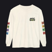 An off-white long-sleeve t-shirt with a 'HOC SLOTS' graphic on the left chest, featuring colorful patterned sleeve prints on both sides.