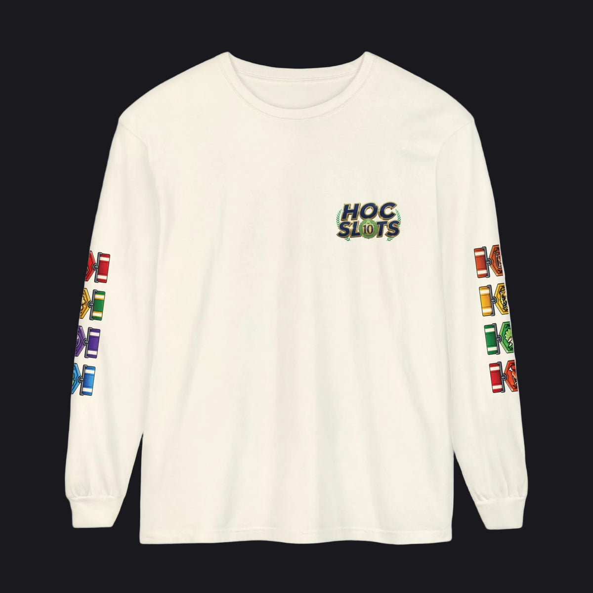 An off-white long-sleeve t-shirt with a 'HOC SLOTS' graphic on the left chest, featuring colorful patterned sleeve prints on both sides.