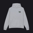 Gray hoodie with a black logo on the chest against a white background