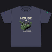A navy blue short-sleeve t-shirt with a graphic on the front reading 'HOUSE OF Cards' above a stack of green money and roses, shown on a plain white background.