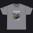 A gray short-sleeve t-shirt with a graphic on the front that reads 'HOUSE OF Carts' above an illustration of a stack of green cash and dollar bills, with small sleeve graphics on both shoulders.