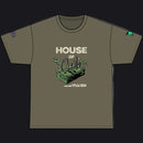 An olive green short-sleeve t-shirt with a graphic on the front reading 'HOUSE OF Cards' above a stack of money and cards, shown on a plain white background.
