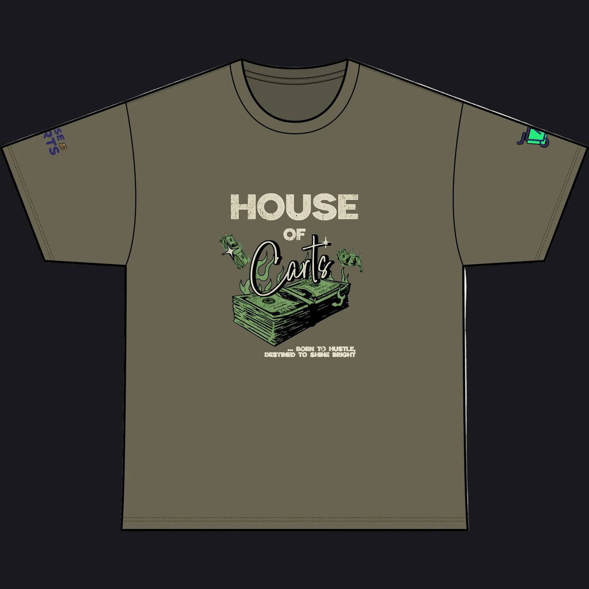 An olive green short-sleeve t-shirt with a graphic on the front reading 'HOUSE OF Cards' above a stack of money and cards, shown on a plain white background.