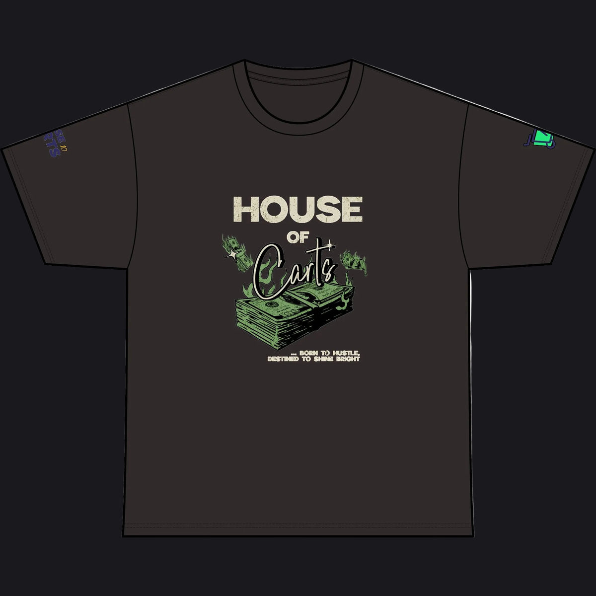 A black short-sleeve t-shirt with a graphic on the front reading 'HOUSE OF Cards' in beige and green, featuring an illustration of a stack of cash and roses. The shirt is displayed flat against a solid white background.