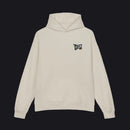 Beige hoodie with a black logo on a white background