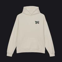 Beige hoodie with a black logo on a white background