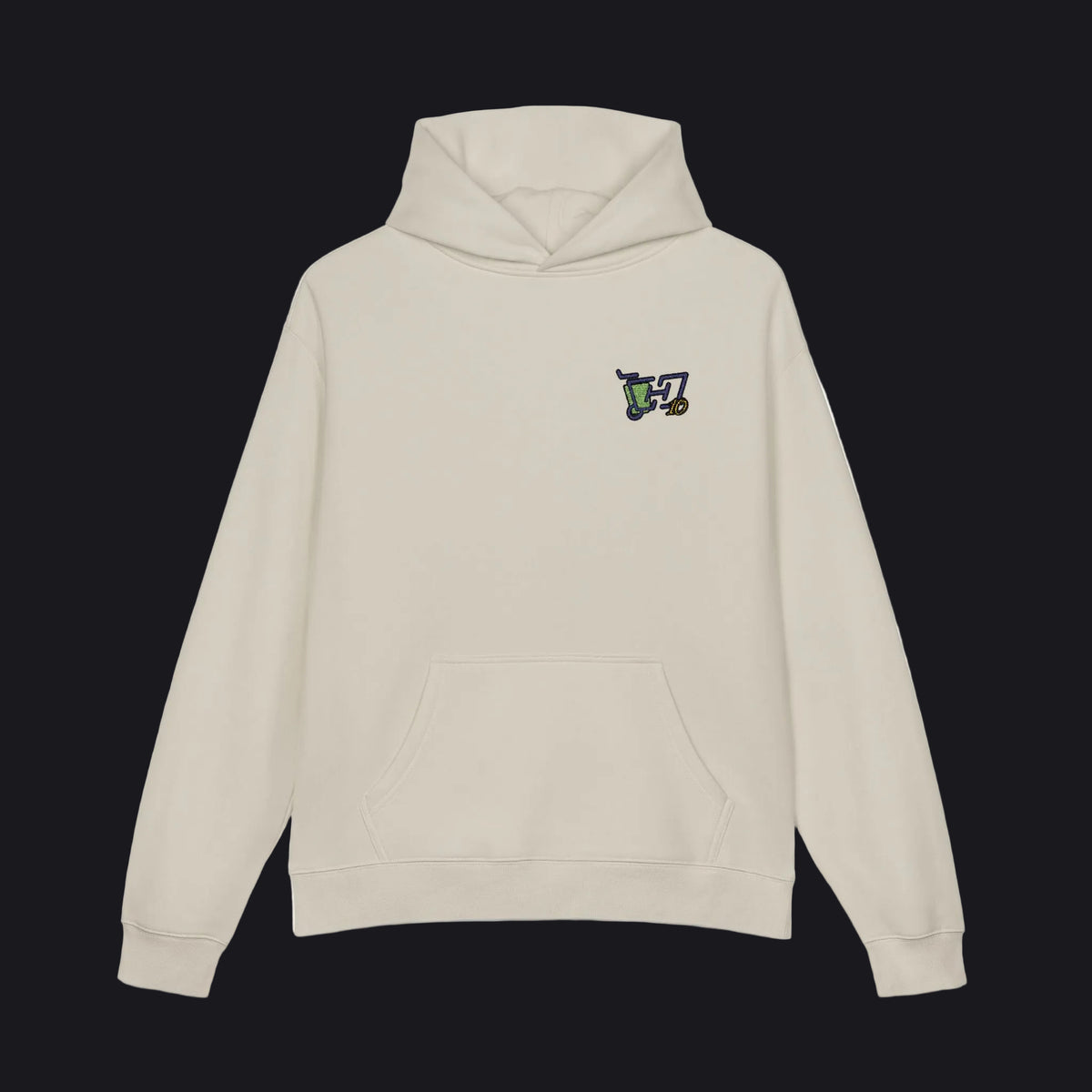 Beige hoodie with a black logo on a white background