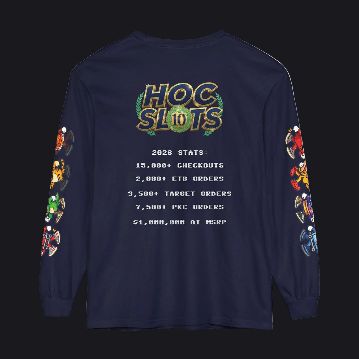 A navy blue long-sleeve t-shirt shown from the back, featuring a large 'HOC SLOTS 10' graphic with white text detailing 2026 statistics on the back, and colorful cartoon graphics printed down both sleeves.