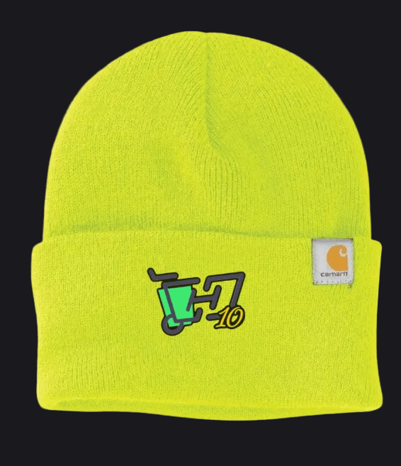 A bright neon yellow-green ribbed knit beanie hat with a folded cuff. The front features a graphic logo of a green trash can and the number 10, and a small square Carhartt brand patch is visible on the right side of the cuff.