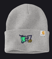A light gray heather knit beanie hat with a folded cuff, featuring a colorful embroidered graphic on the front and a white Carhartt brand patch on the side.