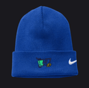 A royal blue knit beanie hat featuring a white Nike swoosh on the cuff and a custom embroidered graphic on the front with a green cup, dark blue '17', and yellow '10'.
