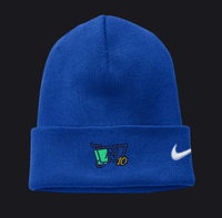 A royal blue knit beanie hat featuring a white Nike swoosh on the cuff and a custom embroidered graphic on the front with a green cup, dark blue '17', and yellow '10'.