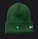 A dark green knit beanie with a folded cuff, featuring a white Nike swoosh on the right side and a custom graphic on the left. The graphic includes a teal and purple cart, the number 10, and a small yellow accent.
