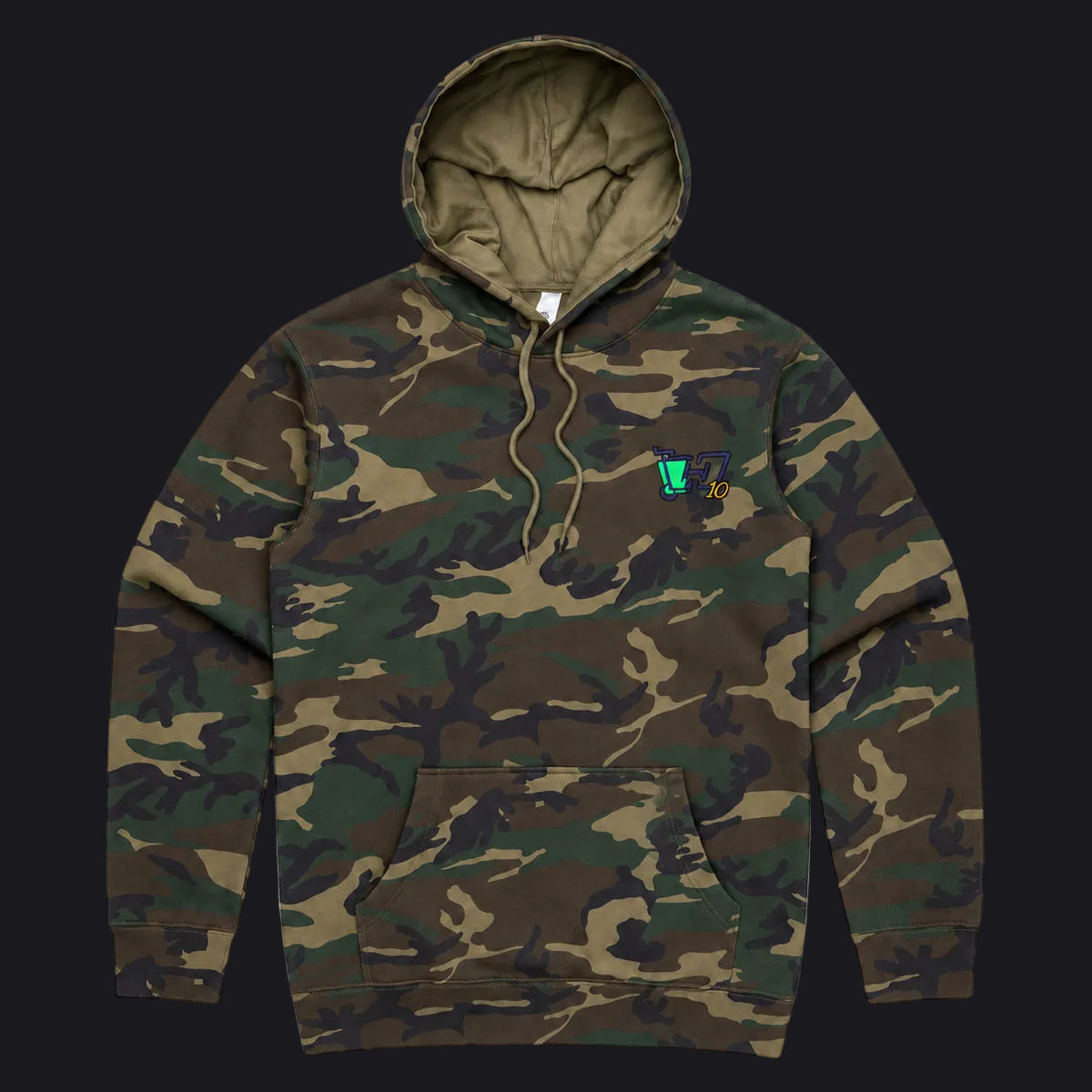 A camouflage pullover hoodie with a green and brown woodland camo pattern, featuring a small embroidered logo on the left chest with a green 'V' and the text 'VINTA'. The hoodie has a front kangaroo pocket and a drawstring hood, shown flat against a plain white background.