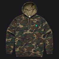 A camouflage pullover hoodie with a green and brown woodland camo pattern, featuring a small embroidered logo on the left chest with a green 'V' and the text 'VINTA'. The hoodie has a front kangaroo pocket and a drawstring hood, shown flat against a plain white background.