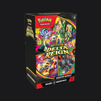 Pokémon Mega Evolution Delta Reign Booster Bundle box, marked as including 6 booster packs, with Mega Rayquaza, Golurk, Malamar and Golisopod on the front.
