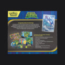 Back of the Delta Reign Elite Trainer Box listing its contents beside the full-art Kyogre promo card and the packs, sleeves, dice and player's guide inside.