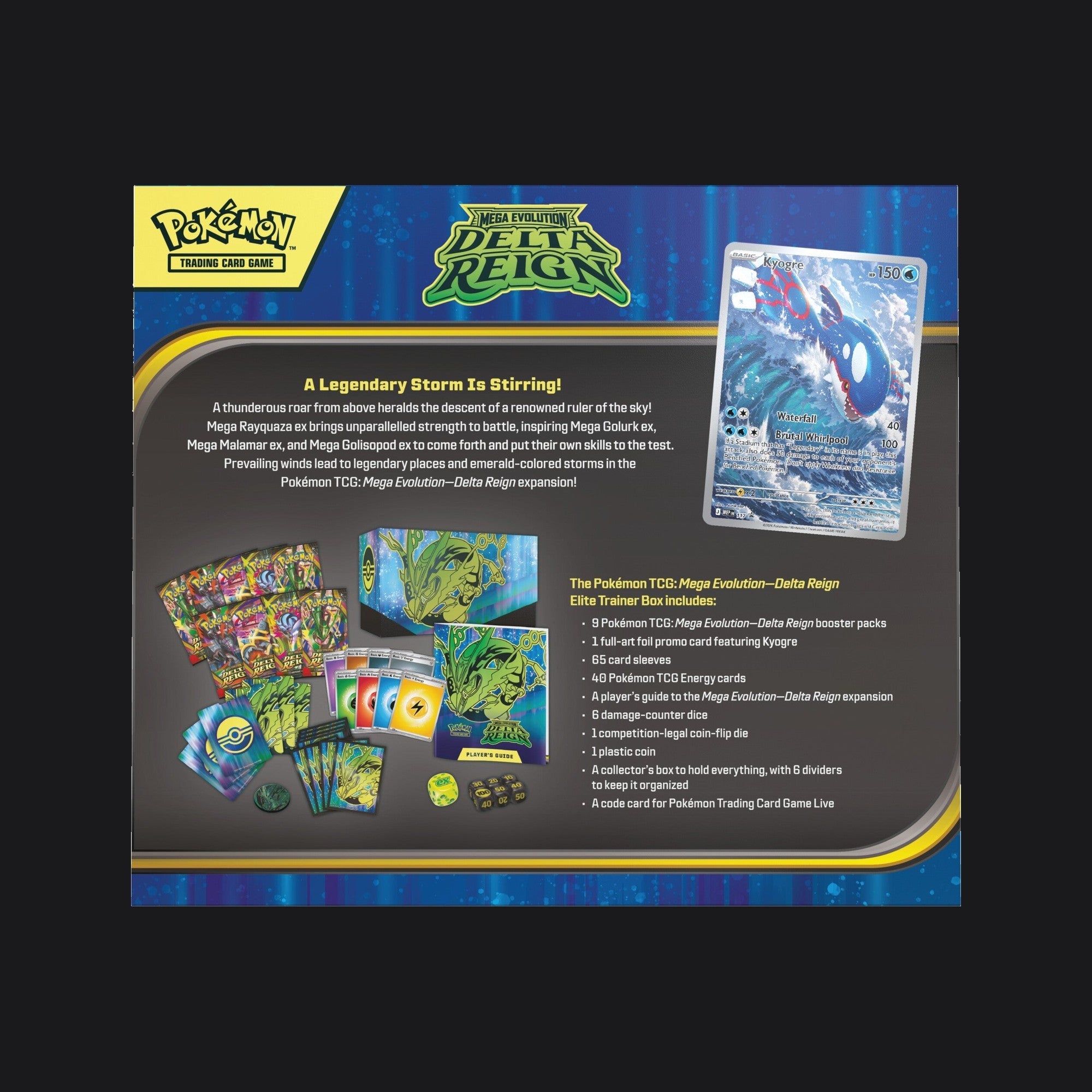Back of the Delta Reign Elite Trainer Box listing its contents beside the full-art Kyogre promo card and the packs, sleeves, dice and player's guide inside.