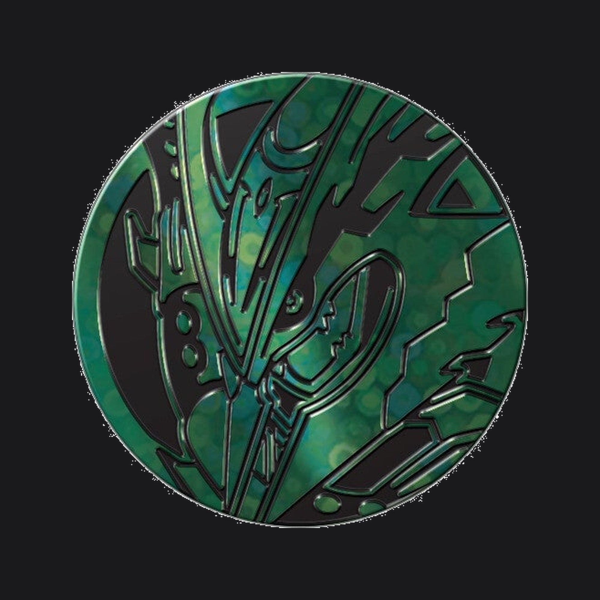 The green Mega Rayquaza collector's coin included in the Delta Reign Elite Trainer Box.