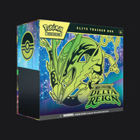 Pokémon Mega Evolution Delta Reign Elite Trainer Box, front of the box showing Mega Rayquaza ex in green over an iridescent background.