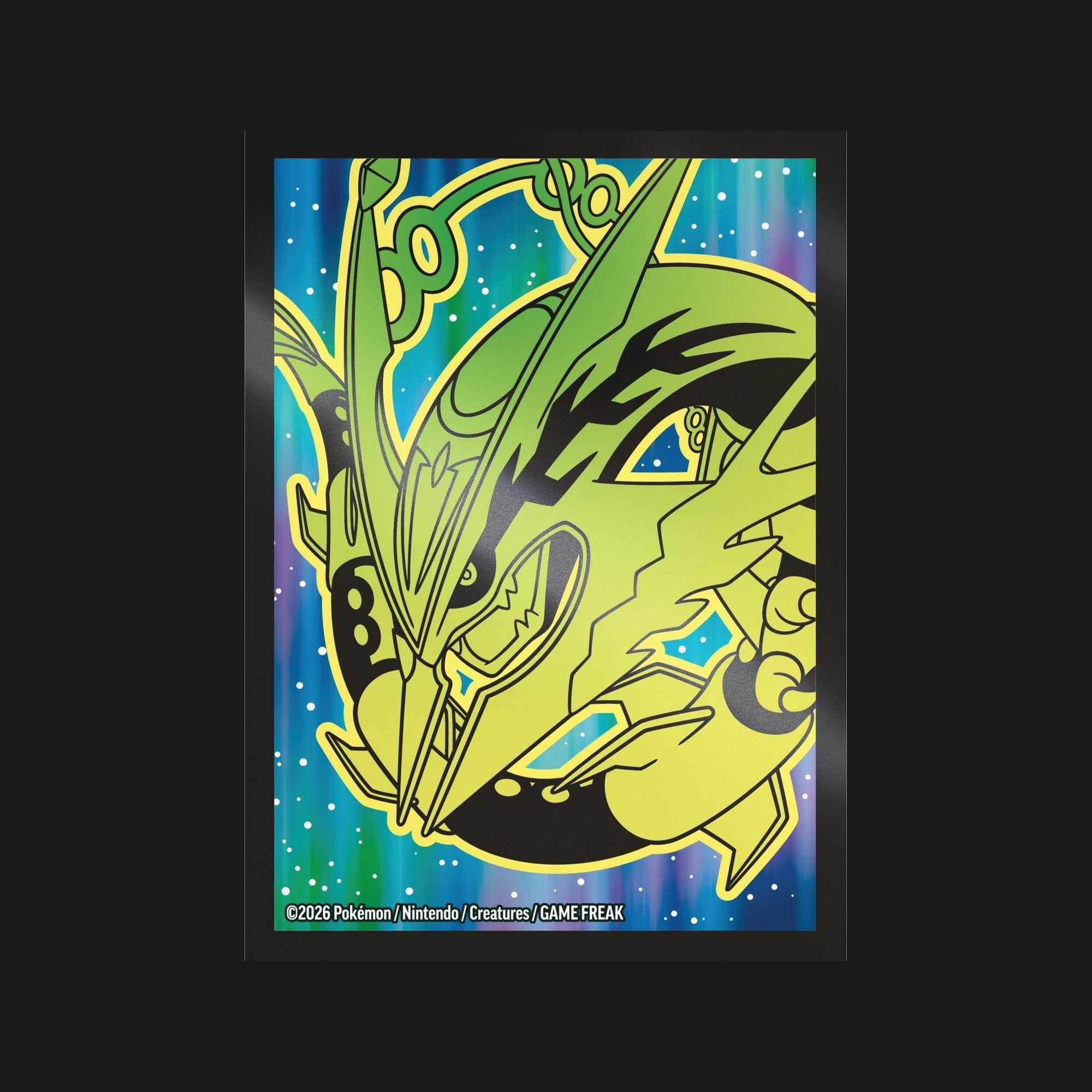 The 65 Delta Reign card sleeves included in the Elite Trainer Box, fanned to show the Mega Rayquaza sleeve art.