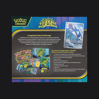 Back of the Delta Reign Pokémon Center Elite Trainer Box listing its contents beside the Pokémon Center-stamped full-art Kyogre promo card, eleven booster packs, sleeves, energy cards and dice.