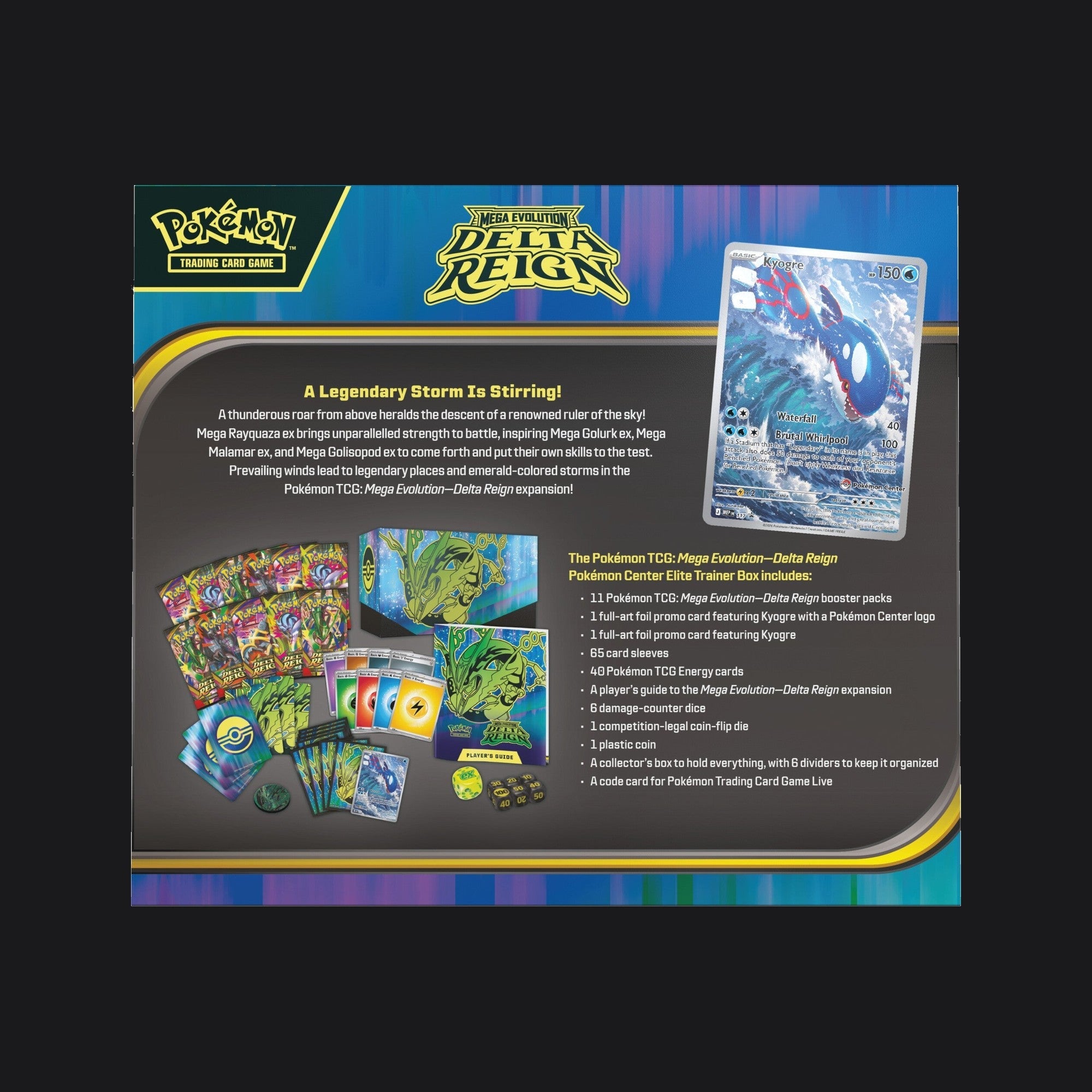 Back of the Delta Reign Pokémon Center Elite Trainer Box listing its contents beside the Pokémon Center-stamped full-art Kyogre promo card, eleven booster packs, sleeves, energy cards and dice.