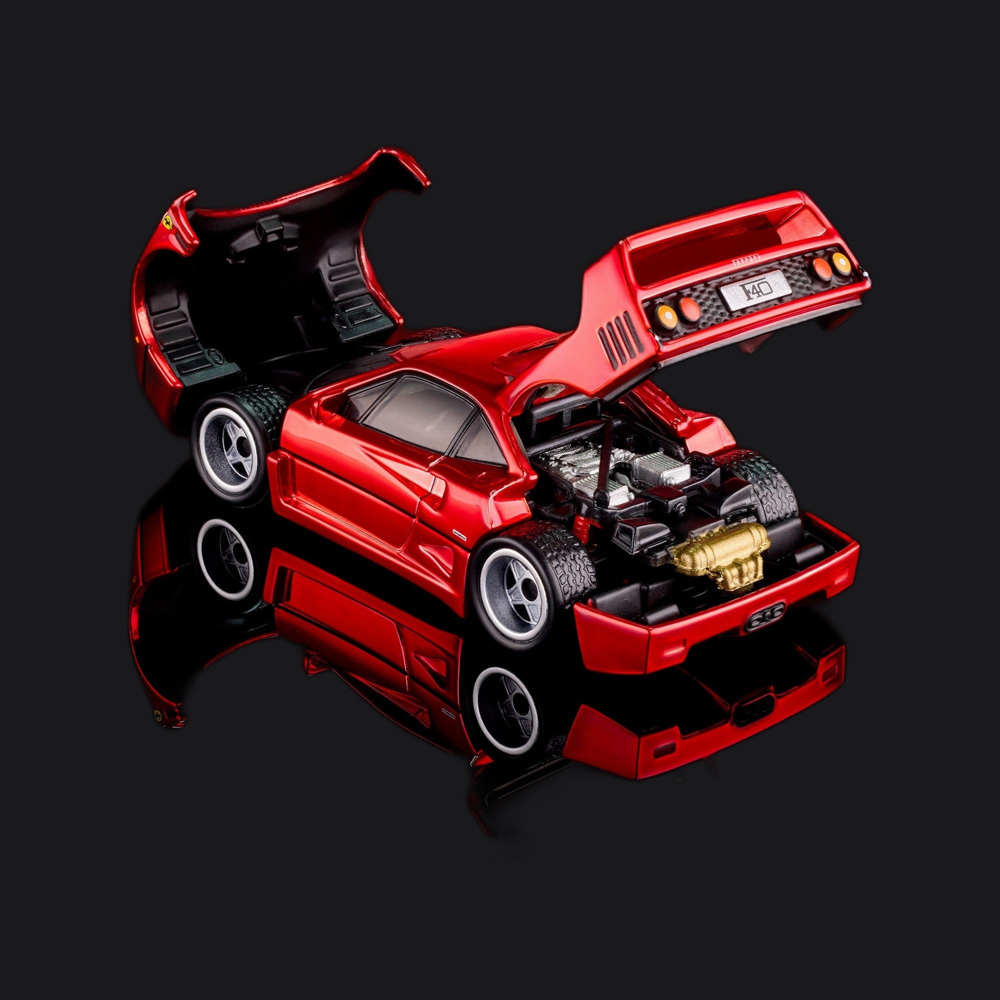 High rear three-quarter with both panels open, silver engine block and gold intake in the bay.