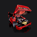 Rear clamshell raised high, the underside of the panel and the full engine bay in frame.