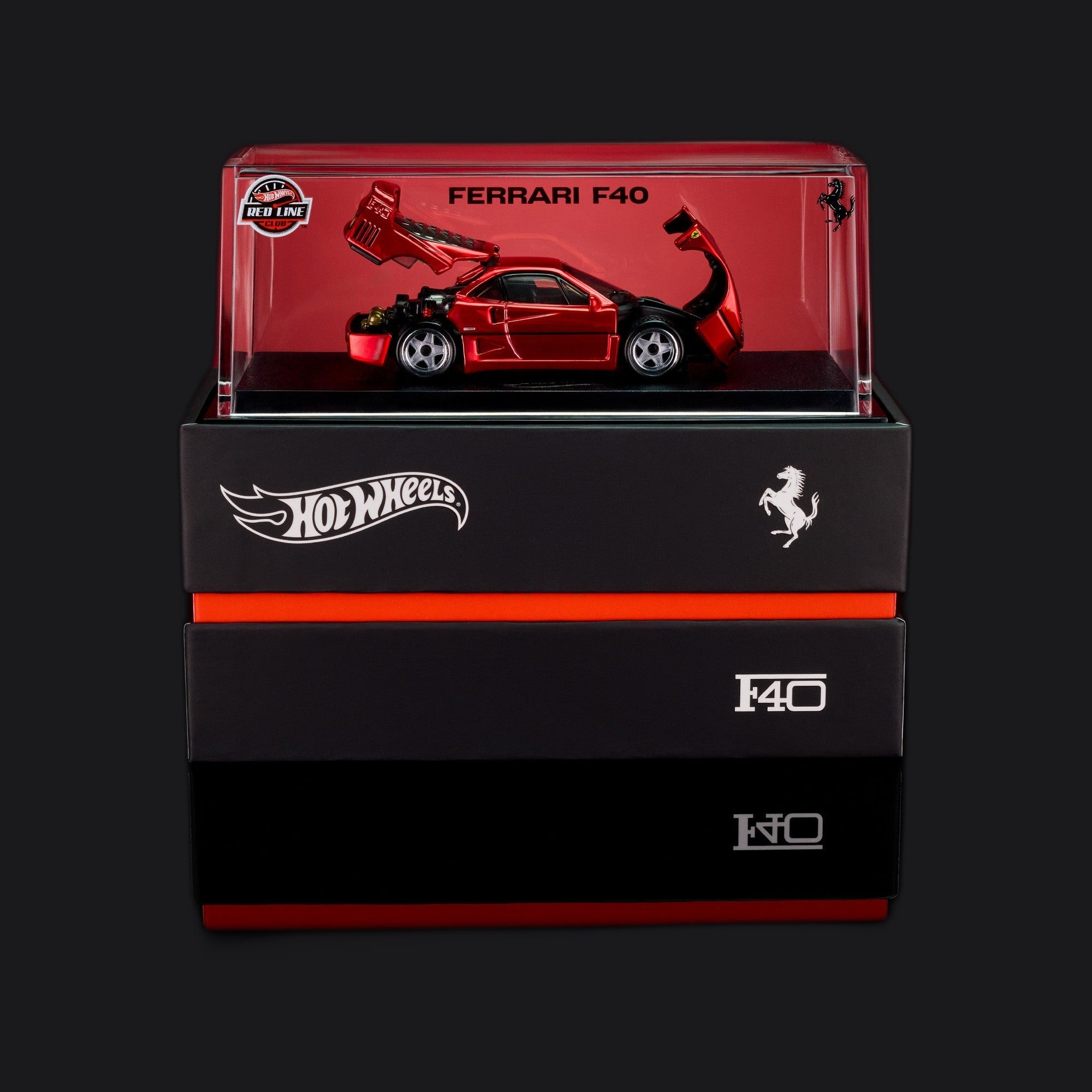 Acrylic display case marked FERRARI F40 with a Red Line Club badge, model inside with both panels open.