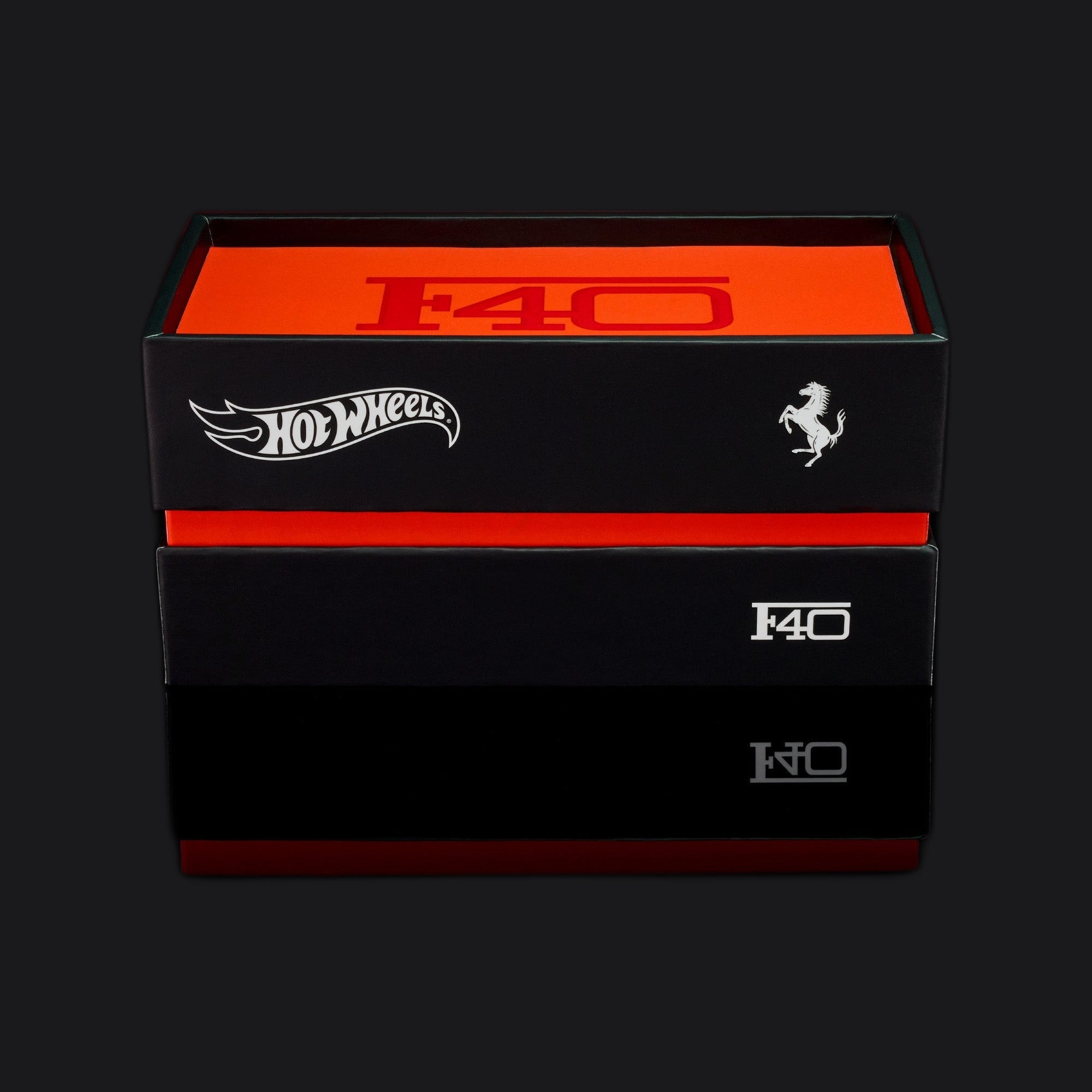 Box lid lifted to reveal the orange insert with debossed F40 lettering.