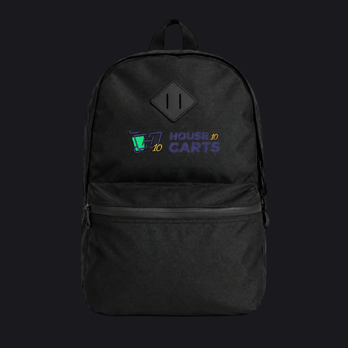 A black backpack with a front zippered pocket and a top handle, featuring a custom printed logo on the front that reads 'HOUSE TO CARTS' in purple and yellow with a small green graphic, set against a plain white background.