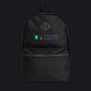 A black backpack with a front zippered pocket and a top handle, featuring a custom printed logo on the front that reads 'HOUSE TO CARTS' in purple and yellow with a small green graphic, set against a plain white background.