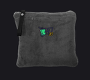 A dark gray plush fleece pouch with a black zipper and strap, featuring a colorful graphic of a green and blue cup with the number 10 on the front.
