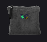 A dark gray plush fleece pouch with a black zipper and strap, featuring a colorful graphic of a green and blue cup with the number 10 on the front.