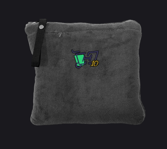 A dark gray plush fleece pouch with a black zipper and strap, featuring a colorful graphic of a green and blue cup with the number 10 on the front.
