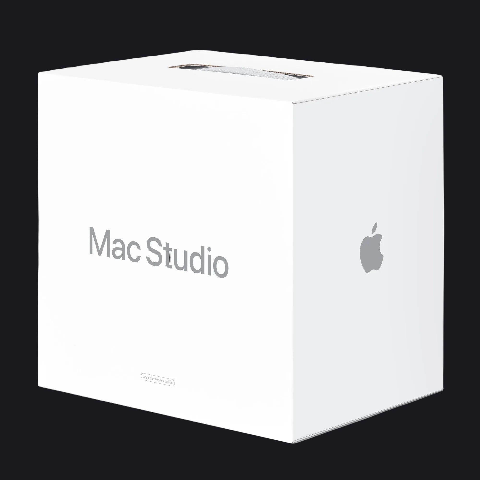 White box with 'Mac Studio' and Apple logo on a white background